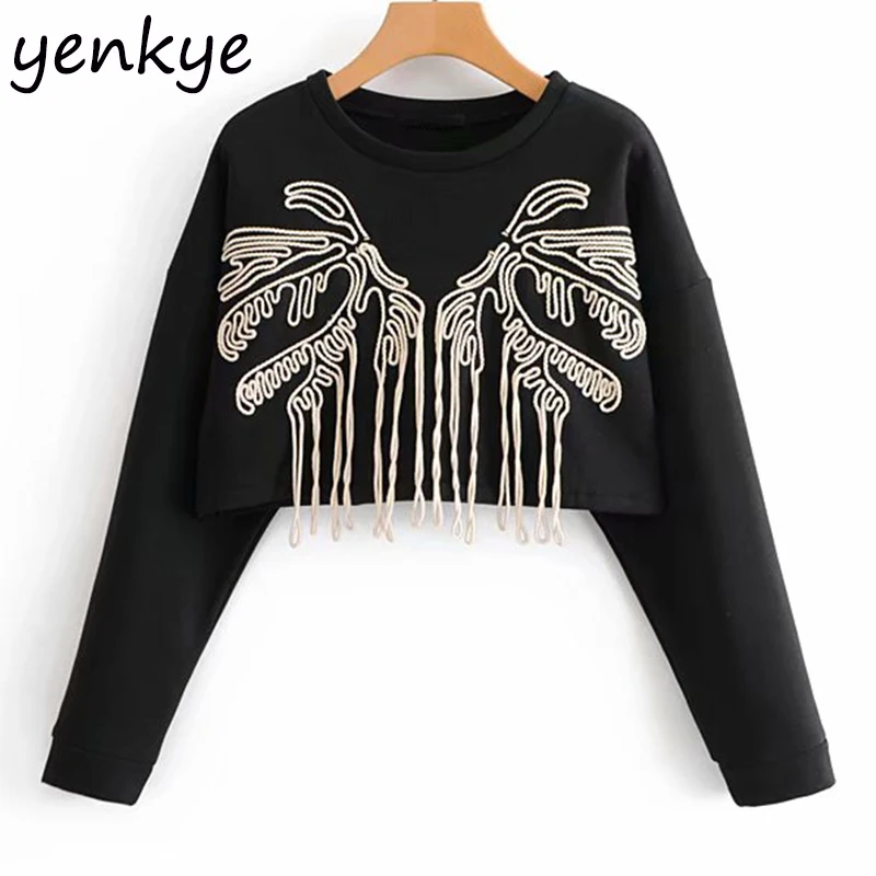 Women Fringe Trim Embroidery Cropped Sweatshirt Female