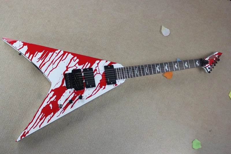 

Hot Sale Electric Guitar,v Shape Style,White Color Body with Blood Pattern,Black Hardware,Active Circuit and can be Customized
