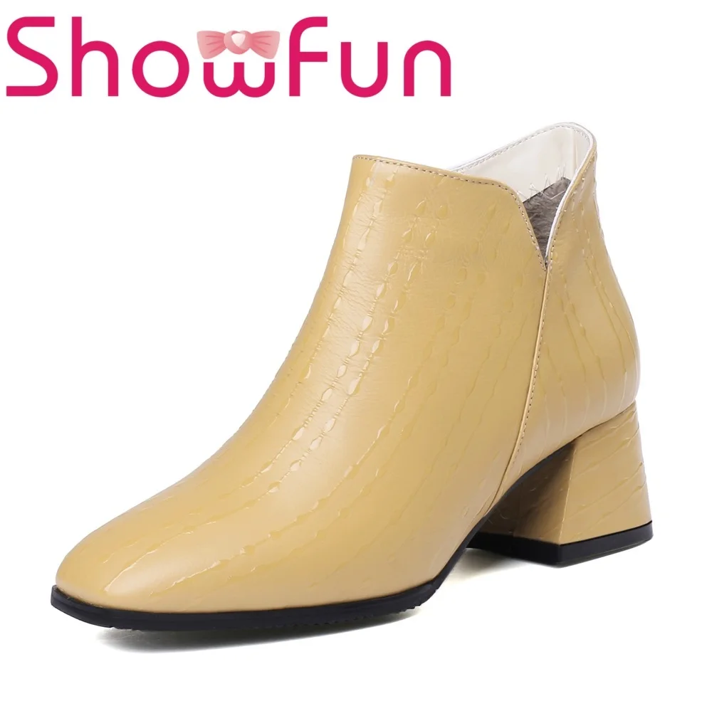 

Showfun genuine leather shoes woman winter solid ankle zipper pointed toe short plush strange style heel boots
