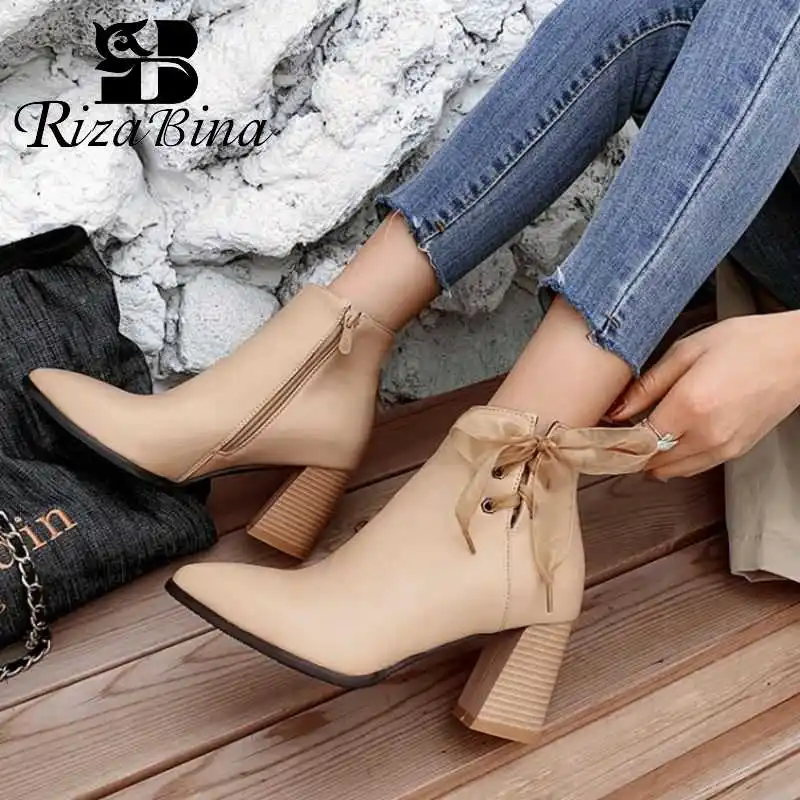 

RIZABINA 2020 Woman Fashion Bowknot Plus Size 32-43 Ankle Boots Warm Fur Pointed Toe Short Boots Office Ladies Botas Footwear