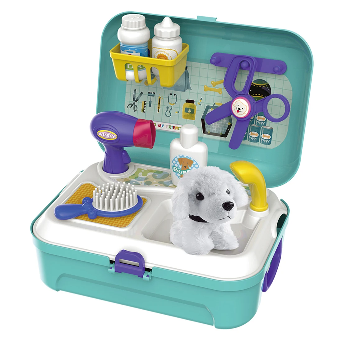 Hot Sale 14Pcs Children Pretend Play House Wash Suit Puppy Backpack Case Toy Pet Wash Backpack Playset Pet Dog Bath Trimmed Box