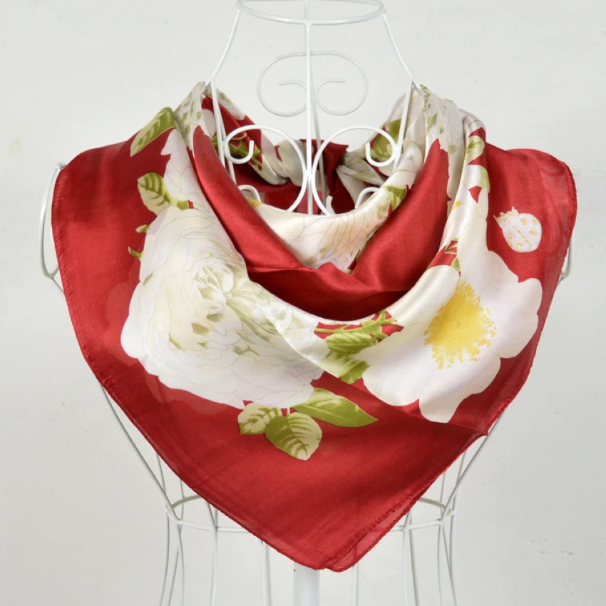 2015 Dark Red 100 Mulberry Silk Scarf Shawl,90*90cm Hot Sale Flowers