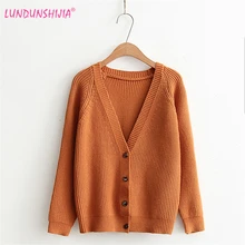 LUNDUNSHIJIA, cárdigan de Otoño 2017 para mujer, cárdigan tejido para mujer, cárdigan Retro con cuello en V, cárdigan naranja, chaqueta, abrigo