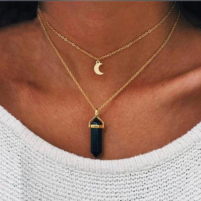 

Double Long Chain Hanging Golden Moon Neckalce Women Suspension Hexagonal Columnar Bullet Natural Stone Pendants Jewelry