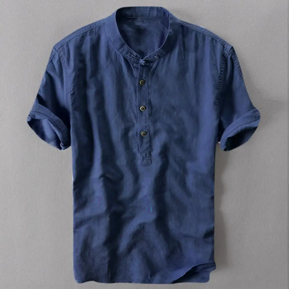 Мужской пуловер, льняная рубашка с коротким рукавом, мужская повседневная рубашка премиум класса, тонкая однотонная Хлопковая мужская рубашка с отворотом#0613