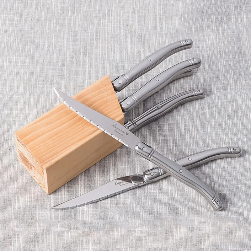 6 шт. столовые ножи из нержавеющей стали, кухонные ножи Laguiole, ножи для стейка на пляжной деревянной основе, набор посуды, серебряные столовые приборы, набор столовых приборов
