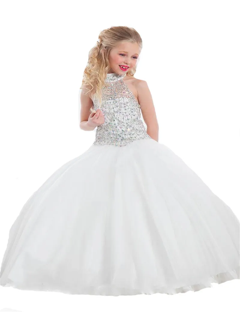 2016 White Crystal Beaded Girls Pageant Dress Flower Girls