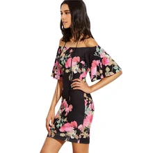 New Summer Women Casual Dress Elastic Waist Off Shoulder Floral Print Beach Dress Vintage