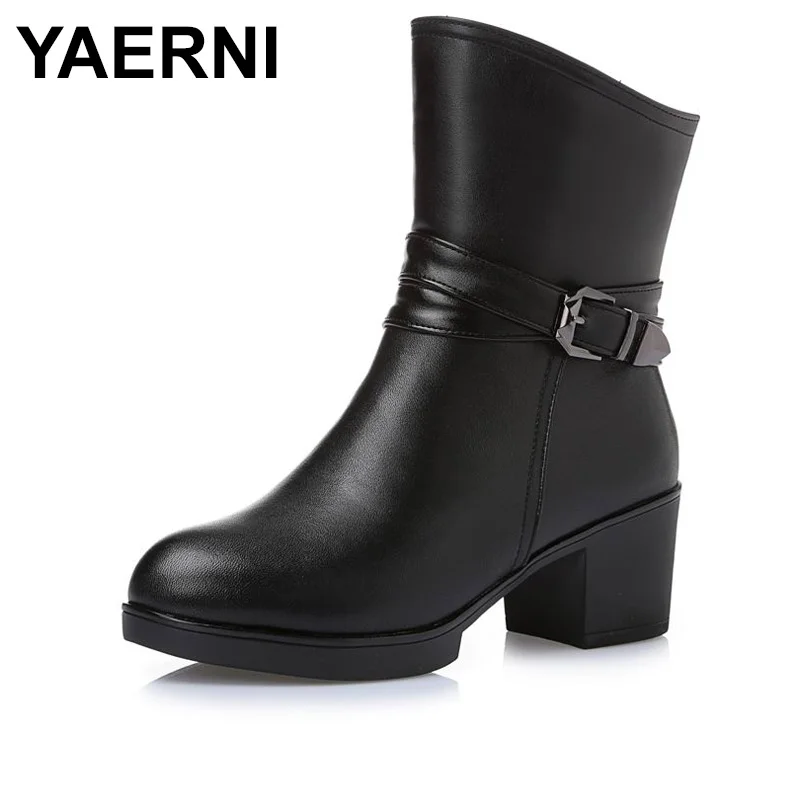 YAERNI New Plus Size Winter Women Snow Boots Mid-Calf Solid Thick High Heels Genuine Leather Shoes Women Warm Plush Boots Ladies YAERNI New Plus Size Winter Women Snow Boots Mid-Calf Solid Thick High Heels Genuine Leather Shoes Women Warm Plush Boots Ladies