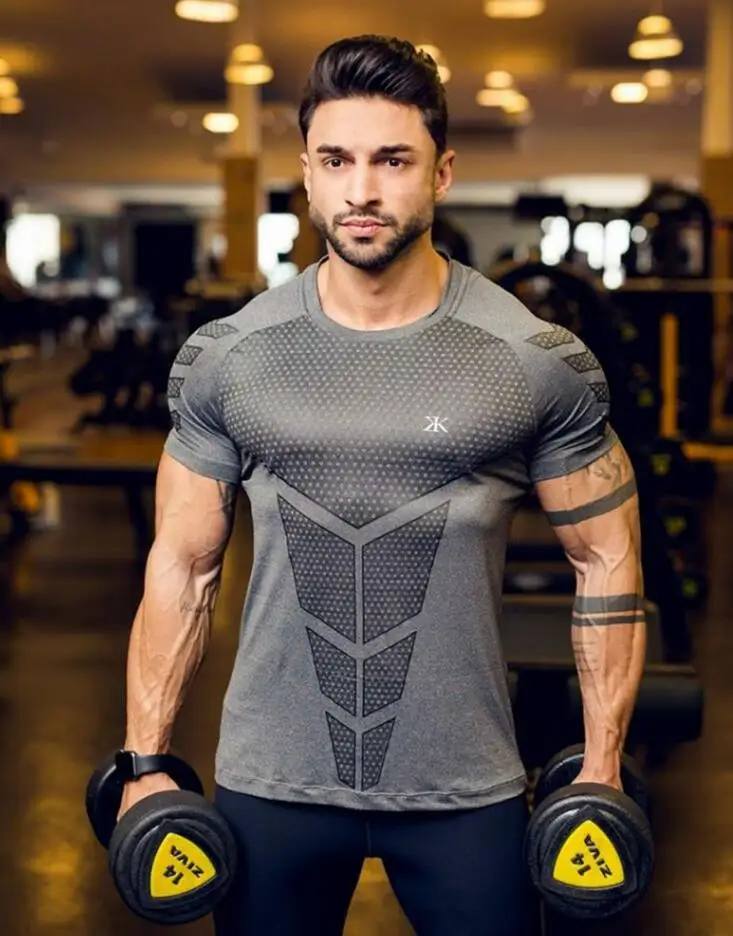 Grey Спортивная мужская футболка для бега, фитнеса, тонкая, высокая эластичность, дышащая, быстросохнущая, бодибилдинг, облегающая Мужская футболка, мужские футболки - Цвет: Grey