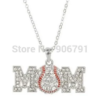 

fashion 50pcs a lot rhodium plated MOM baseball crystal sports pendant necklace(A100086)
