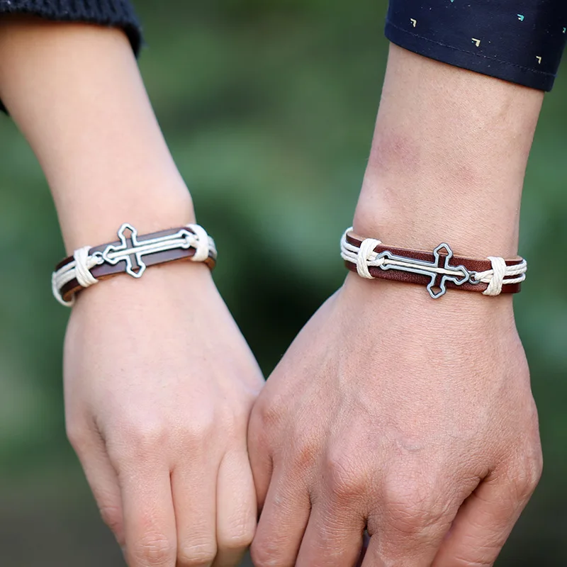 Religious Couple Bracelets Hollow Cross Charm Man Woman Bangles Pulseira Handmade Easy-hook Genuine Leather Wristband Ornament Religious Couple Bracelets Hollow Cross Charm Man Woman Bangles Pulseira Handmade Easy-hook Genuine Leather Wristband Ornament