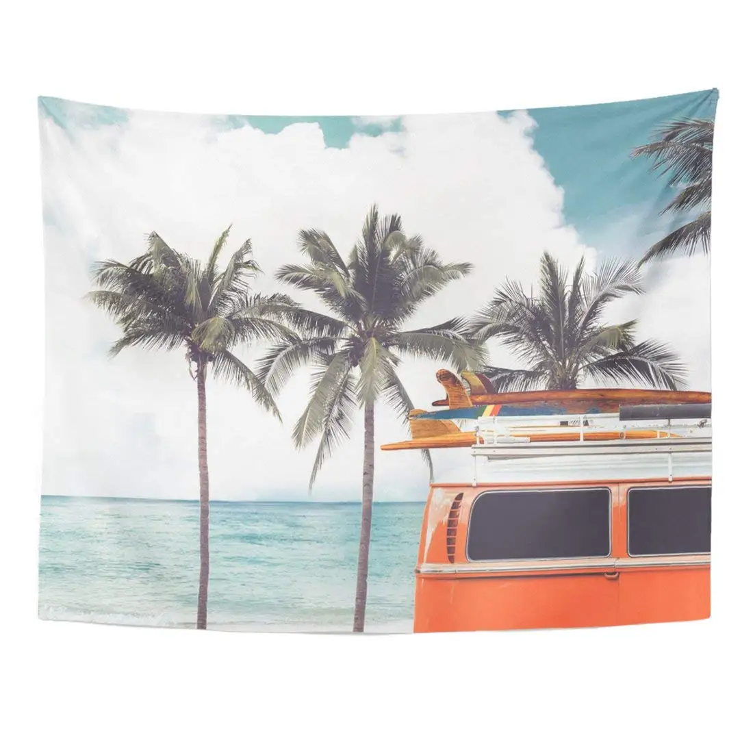 Tapestry Vintage Car Parked Tropical Beach Seaside Surfboard Roof
