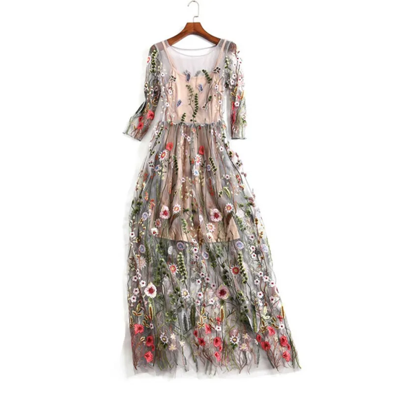EFINNY женское шикарное платье, Vestidos, цветочное богемное цветочное вышитое винтажное платье, богемное Сетчатое платье с вышивкой, Vestidos - Цвет: as shown