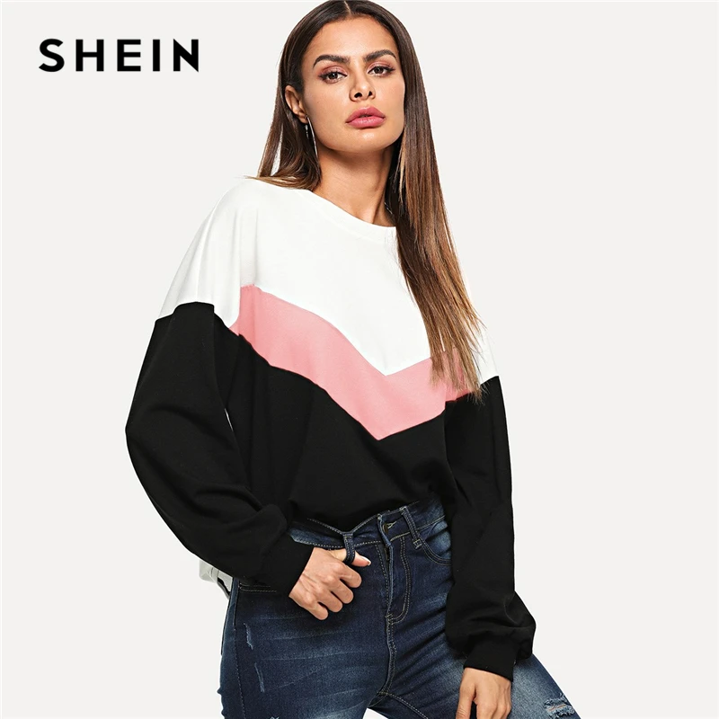 

SHEIN Multicolor Preppy Color Block Tunic Round Neck Elegant Pullover Sweatshirt Autumn Minimalist Casual Women Sweatshirts