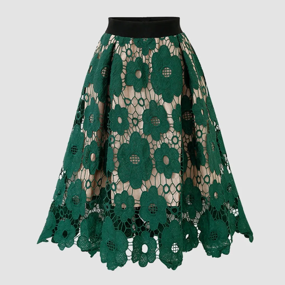 JSXDHK винтажная женская большая юбка с кружевом летняя зеленая открытая Цветочная юбка модные вечерние юбки с высокой талией до колена пляжная юбка