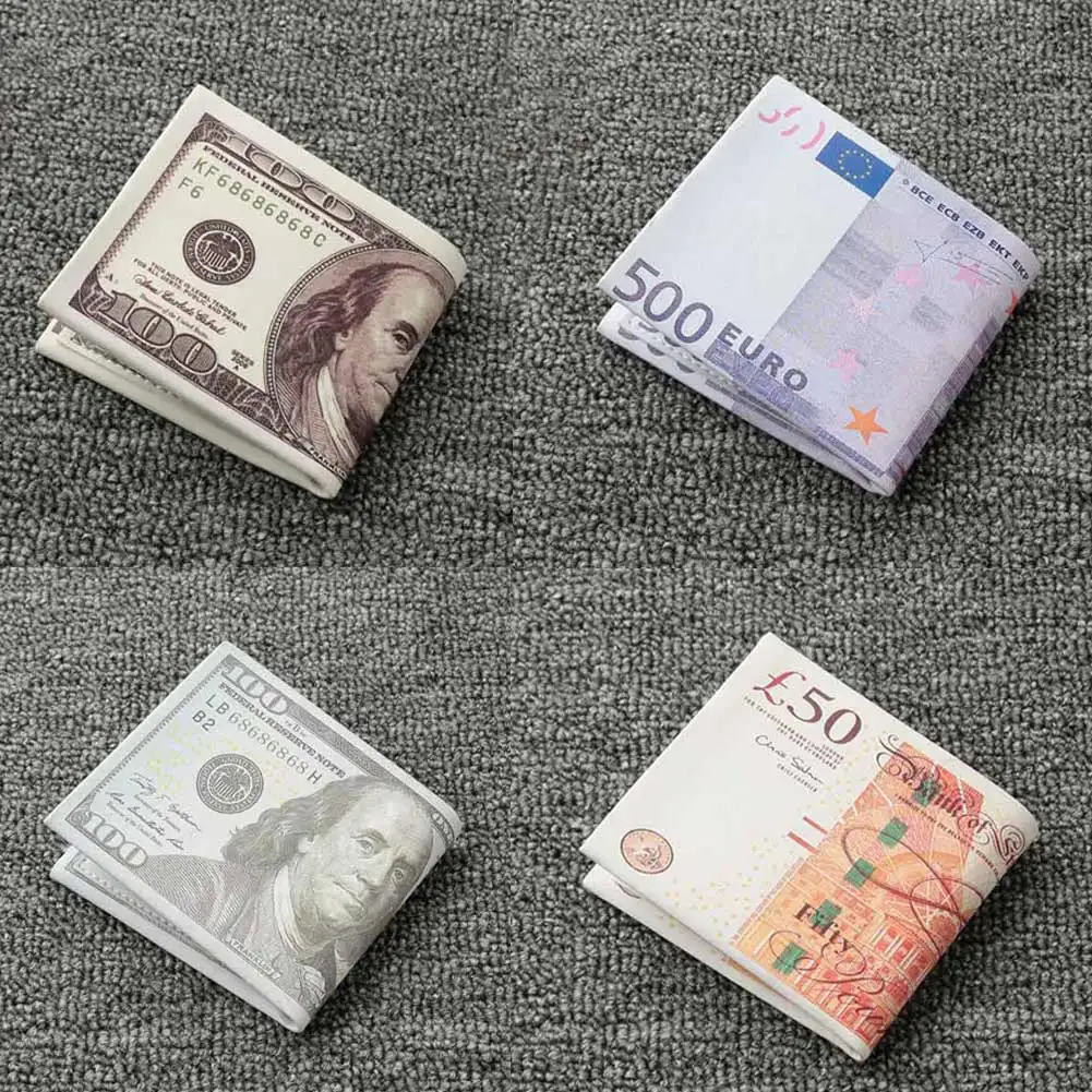 

2019 Fashion Men Women Cool Short Wallet PU Leather Dollar Pound Euro Print Folded ID Credit Card Holder Case Cash Purse