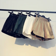 Shorts Solid High Women Polyester Rushed Short Jeans 2017 New Fashion Metal Sense Of Bright Side Of The Open Elastic Female