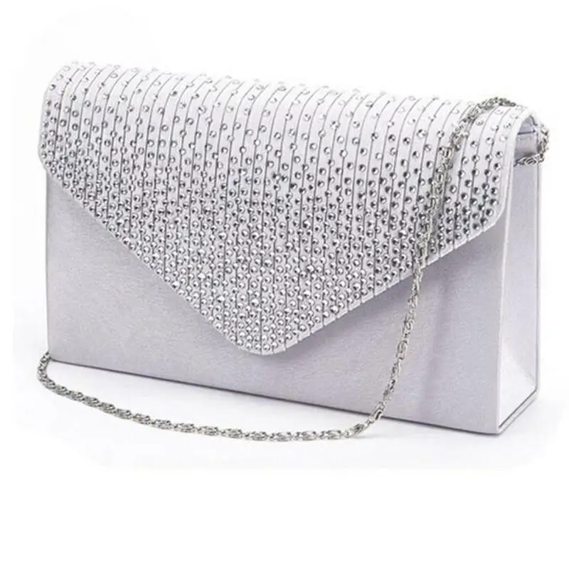 Клатч большой Атлас форма конверта сумка на плечо со стеклянными бусинами вечерние заклепки сплошного цвета для кошелька простая сумка@ py - Цвет: Silver