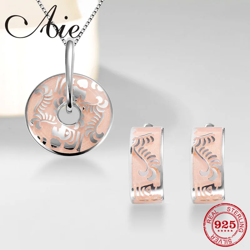 

2019 New 925 Silver Sparkling Cream color Pattern Stud earrings and Necklace Jewelry set For Women Accessories Party Enamel