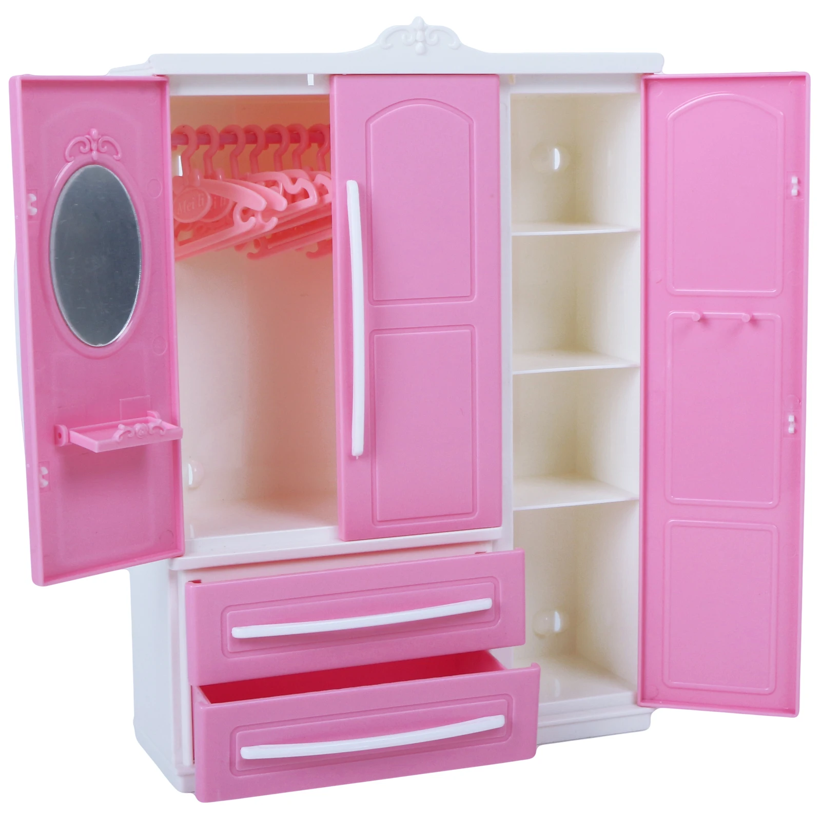 Baratos Armario rosa de alta calidad para muñeca Barbie + 10x percha de plástico Mini casa de muñecas dormitorio 16 accesorios de muebles bonitos chico