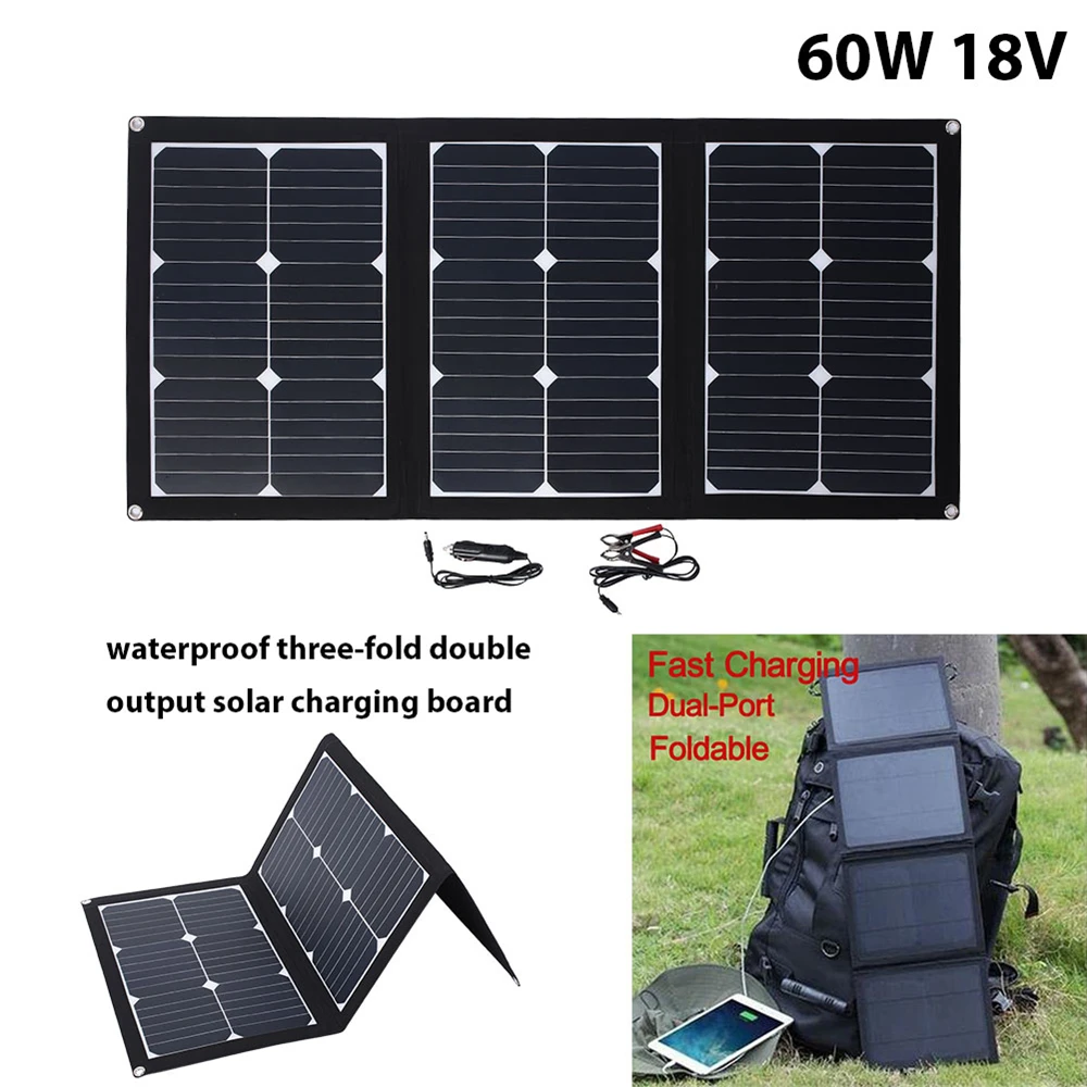 

Gizcam Tri-fold Portable 60W 18V waterproof Silicon Solar Pane Emergency Power Pane with USB+DC Port Durable Solar Pane
