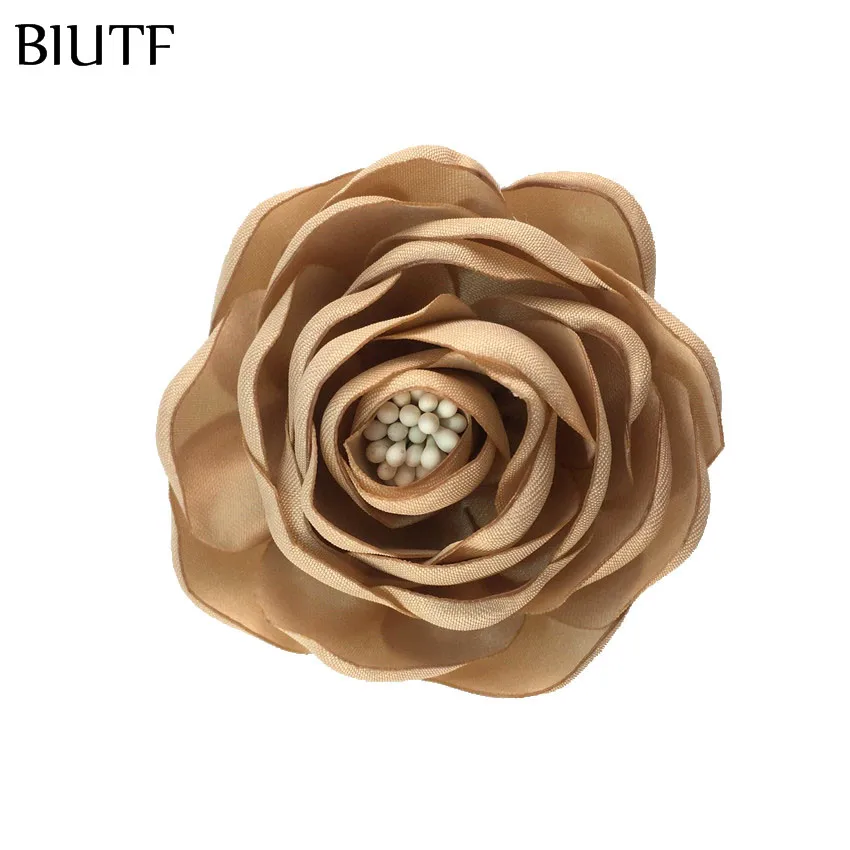 12-khaki 5 шт./партия, 2,4 ''сгоревшие атласные цветы Camelia с Stamen 6 см, шикарные тканевые детские головные уборы, обувь, аксессуары для творчества TH284 - Цвет: 12-khaki