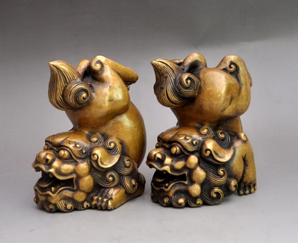 

shitou 003201 Chinese Royal FengShui Copper Bronze Naughty Lovely Foo Dog Lion statue Pair discount 30% (C0324)