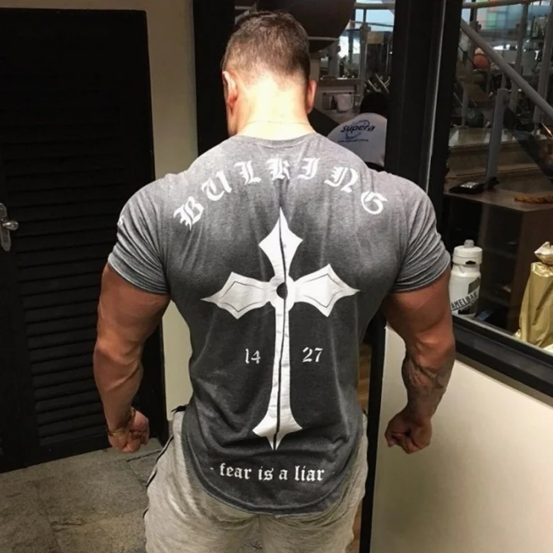 

Mens Run Jogging Sports Cotton T-shirt Man Gym Fitness Bodybuilding Short sleeve t shirt Male Workout Training Tee Tops Clothing