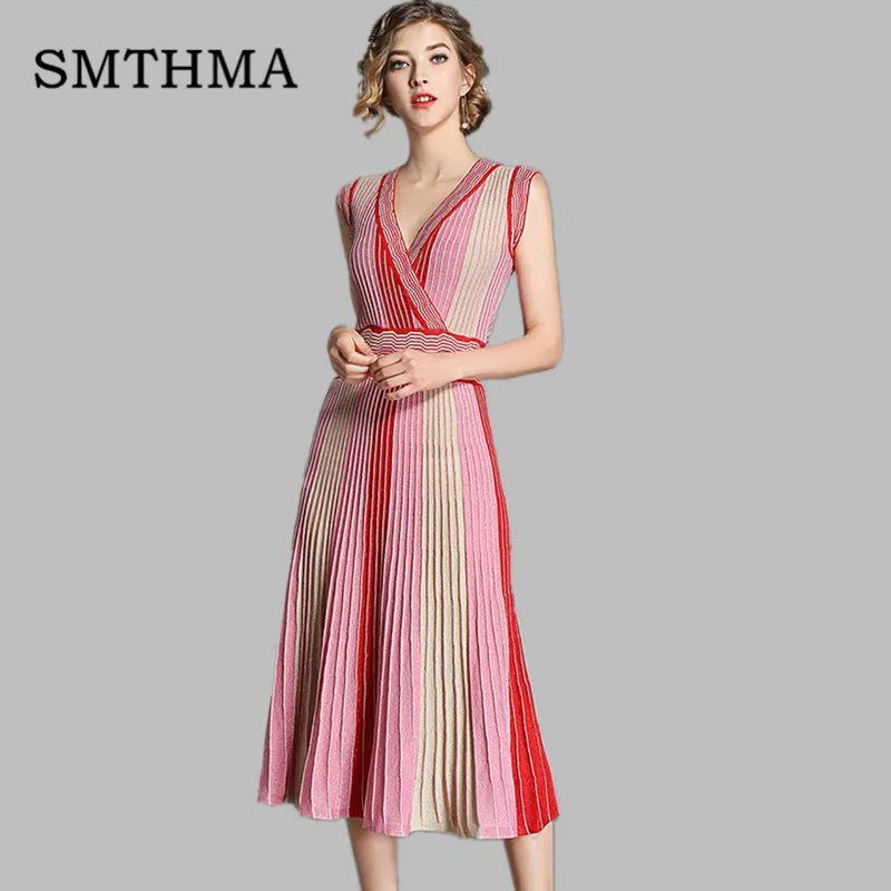 

SMTHMA High Quality 2019 New Woman Summer Dress Sexy V-neck Knitted Dress New Autumn Sleeveless Dress