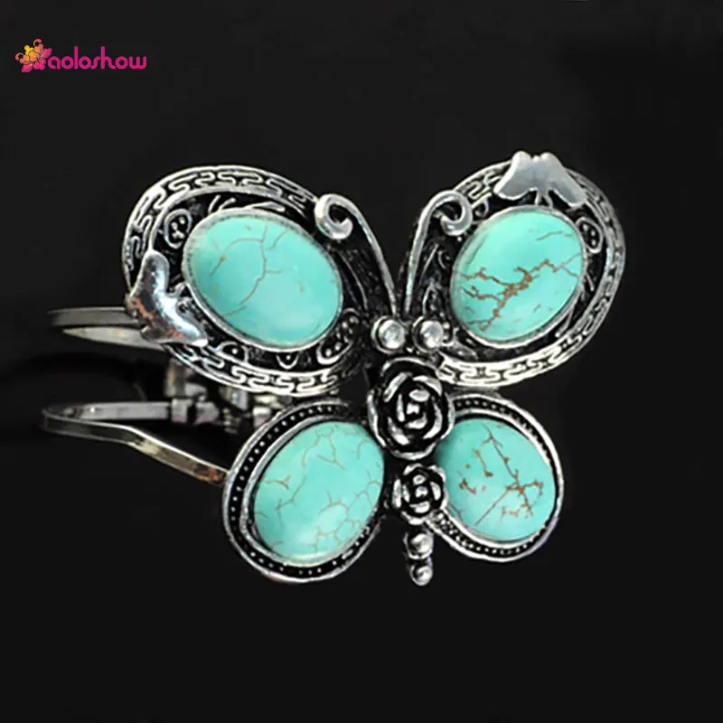 

AOLOSHOW Cuff Bracelets for Women Vintage Silver color Green stone Setting Butterfly Cuff Bangle Punk Jewelry bracelet BR-1198