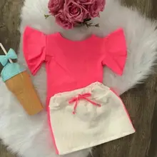 UK/детская футболка для маленьких девочек, однотонные топы с оборками на рукавах, юбка, платье, летняя одежда, комплект для девочек
