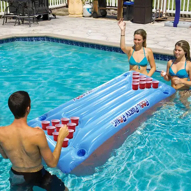 2018 Pvc Inflatable Beer Pong Table Pool Float 24 Cups Holder Game Floating Row Air Mattress Ice Bucket Cooler Summer Water Toys