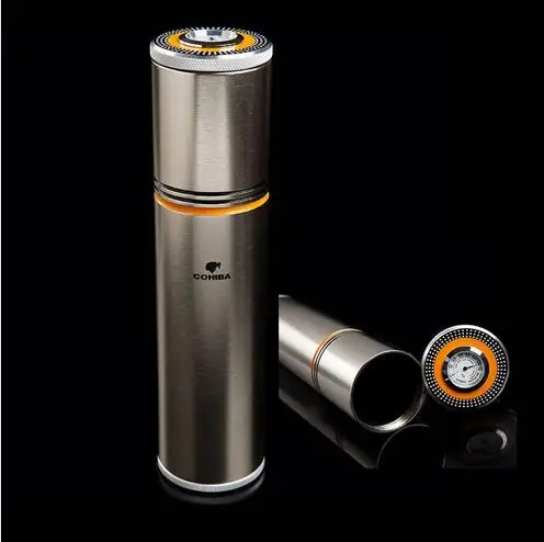 COHIBA Classic Gadgets Aluminium Alloy Travel Cigar Tube Portable Jar Outdoor Cigar Humidor W Humidifier Hygrometer Flocking Bag