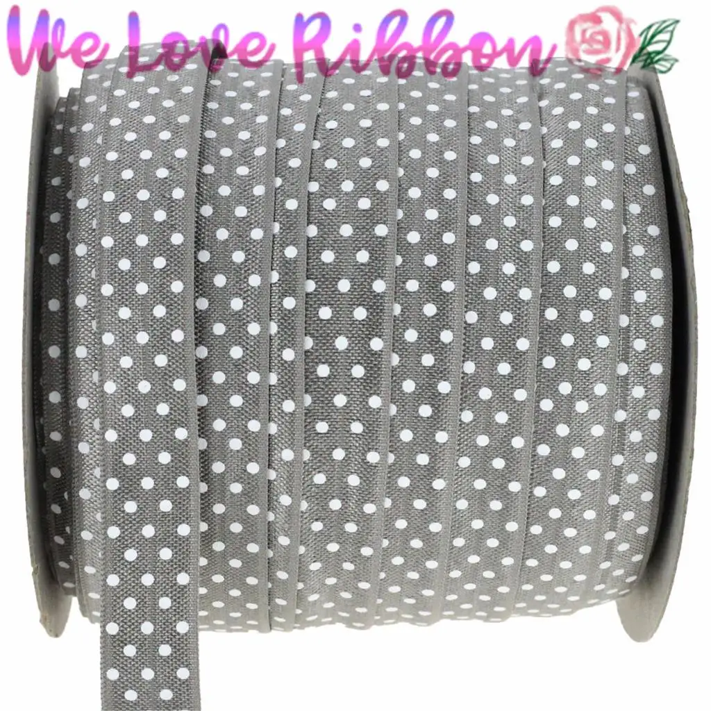 

5/8" 16MM White Polka Dot Print Fold Over Elastic FOE 10 yards/lot, Silver, DIY handmade accessories, headwear band