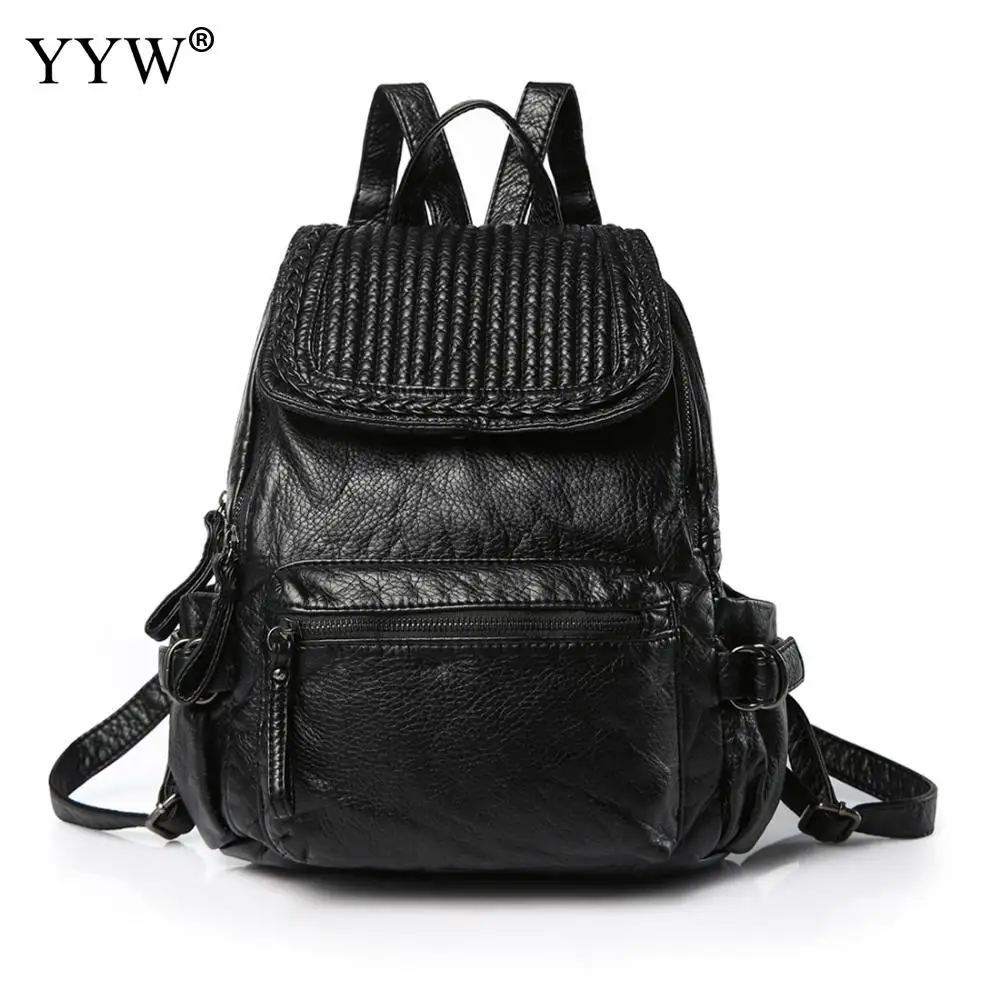 

Simple Design Black Solid Leather School Backpack Women PU Waterproof Bagpack for Student