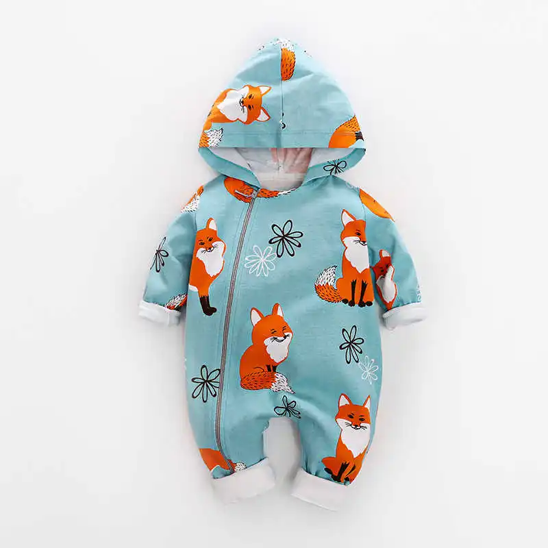 Newborn Baby Boys clothes Long Sleeves Hooded Fox Print Romper infant Jumpsuit Kids Clothing spring autumn cotton romper - Цвет: Blue