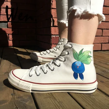 

Wen Custom Hand Painted Drawstring Shoes Pocket Monster Pokemon Oddish White High Top Athletic Shoes Women Men Canvas Sneakers