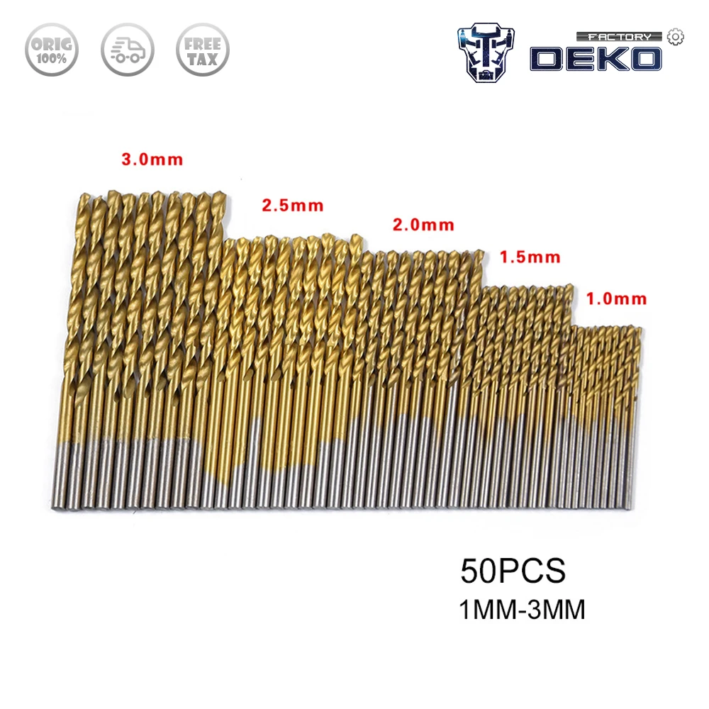 

DEKO 50Pcs/Set Twist Drill Bit Set Saw Set HSS High Steel Titanium Coated Drill Woodworking Wood Tool 1/1.5/2/2.5/3mm For Metal