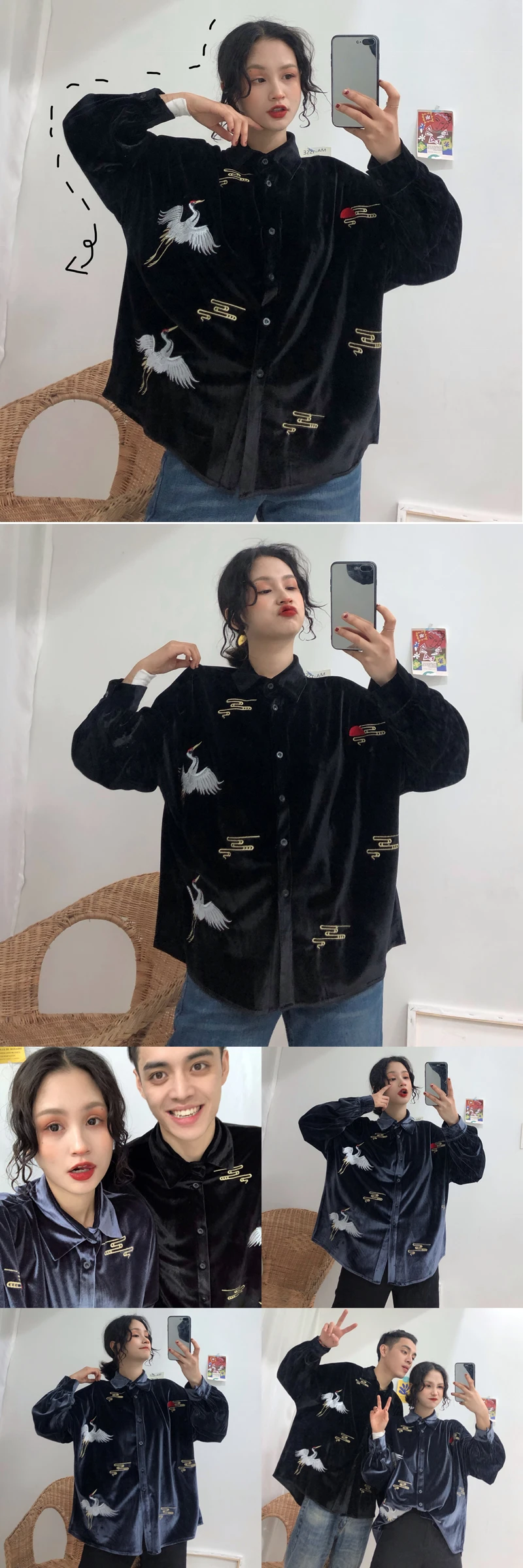 Корейская уличная винтажная Женская и мужская блузка с вышивкой и пуговицами-Журавлями, бархатный топ, рубашка в стиле Харадзюку, Повседневная зимняя футболка