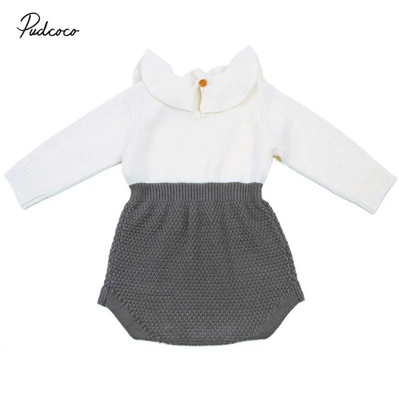 

Pudcoco 2018 Warm Newborn Baby Girls Wool Kniting Bodysuit Sweaters Ruffle Patchwork Jumpsuit Autumn Winter Outfit Clothes 0-24M