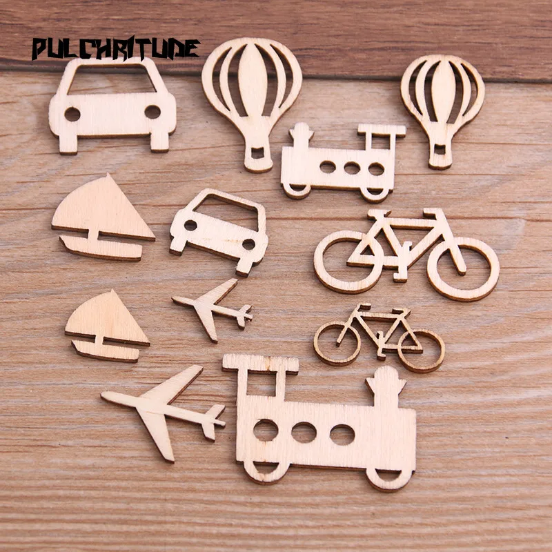 

PULCHRITUDE 24pcs 12 Styles Transportation Series Pattern Natural Wooden Scrapbooking Craft For Handmade Accessory Decorate DIY