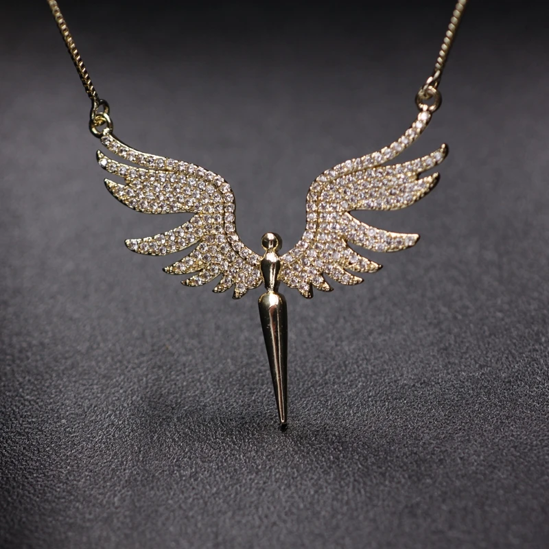 Очаровательное ожерелье с подвеской в виде крыльев Ангела для женщин, полностью покрытое микро кубическим цирконием, модное Золотое и серебряное ожерелье ангела