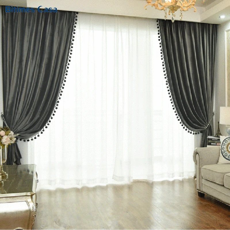  New Color Velvet Blackout Window Curtain With Pompon Decoration Ball High Shading Solid Color For L - 32893536189