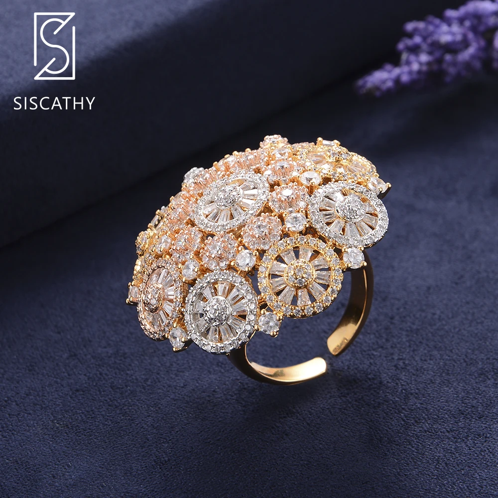 

SISCATHY 38*38mm Trendy Resizable AAA Cubic Zirconia Ring Inlaid Jewelry For Women Adjustable Indian African Dubai Wedding Rings