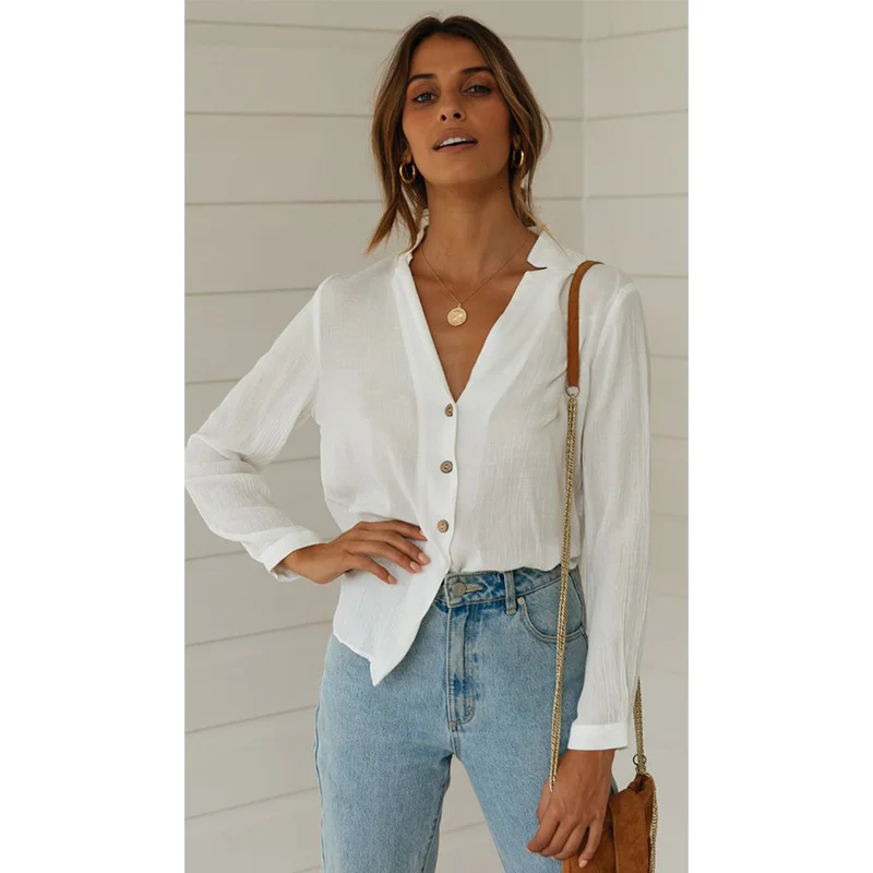 

2019 Summer Casual Womens tops and blouses Long Sleeve V Neck Solid White Office ladies tops Slim Button camisas mujer