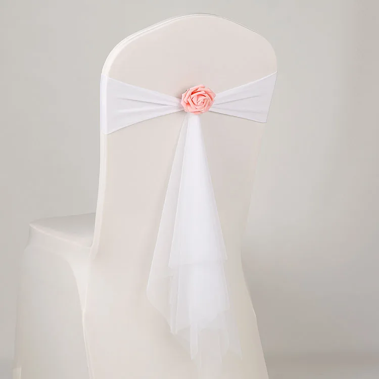 White Colour Spandex Sashes With Rose Ball Artifical Flower And Organza