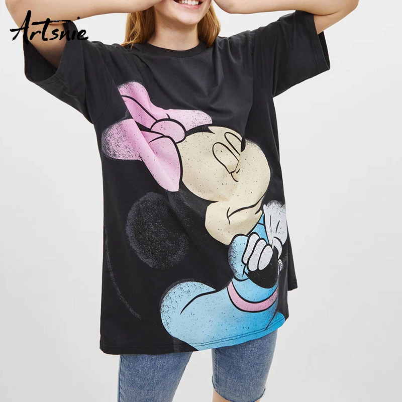 Artsnie الصيف 2019 الكرتون طباعة المرأة تي شيرت يا الرقبة قصيرة الأكمام محبوك تيز الأسود عارضة الشارع الشهير تي شيرت فام قمم