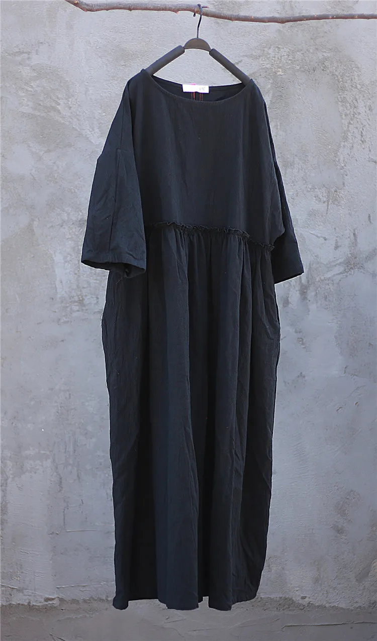 ORIGOODS женское осеннее длинное платье из хлопка и льна, оригинальное платье с круглым вырезом, однотонное красное, черное, белое платье, Robe Femme D080 - Цвет: Черный