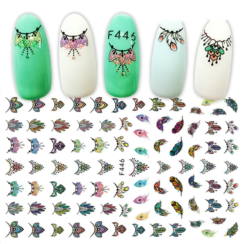 

2 Sheets Self-adhesive Feather Nail Art Sticker Korean Colorful Necklace Decals Peacock Tail Bohimia Design Jewelry Pattern Deco